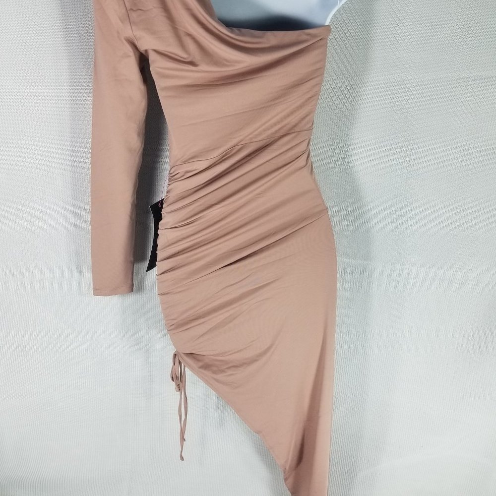 Bebe Warm Taupe Dress One Shoulder Sleeve Ruched Cocktail - XXS XS XL - NWT $149 - Picture 8 of 8